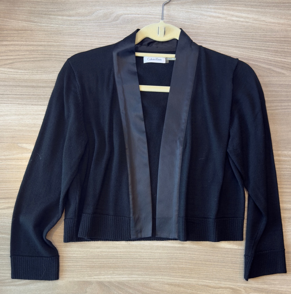 Calvin Klein Women's Black Cardigan Size M Silk Blend Cropped Shrug Bolero Open
